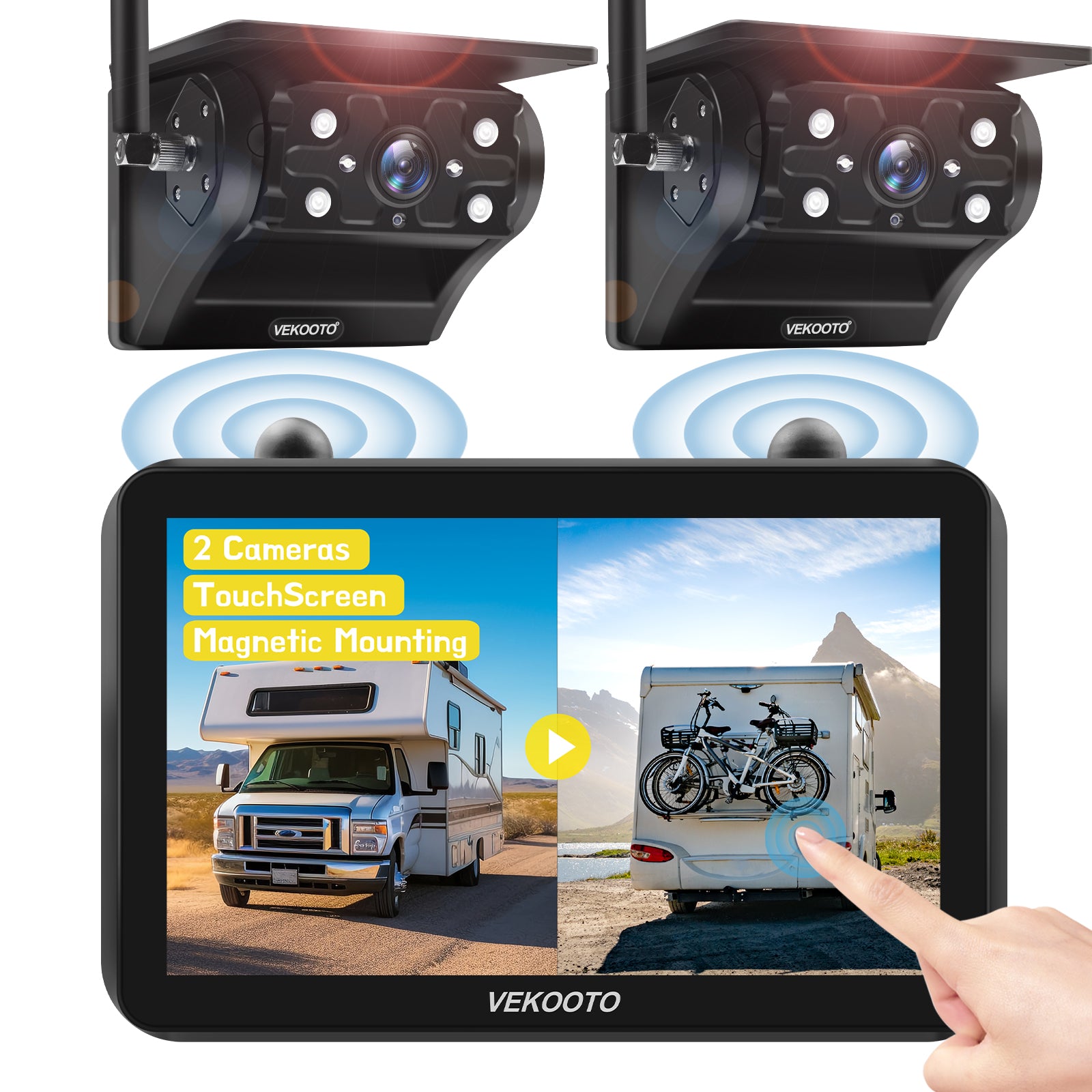 VEKOOTO VK7 Magnetic Solar Wireless Backup Camera 7'' IPS Touchscreen Monitor HD1080P No Wiring Rechargeable Camera for RV Trailer Camper Car Blind Spot Truck Automotive Backup Camera for Truck IP69 Waterproof IR Night Vision
