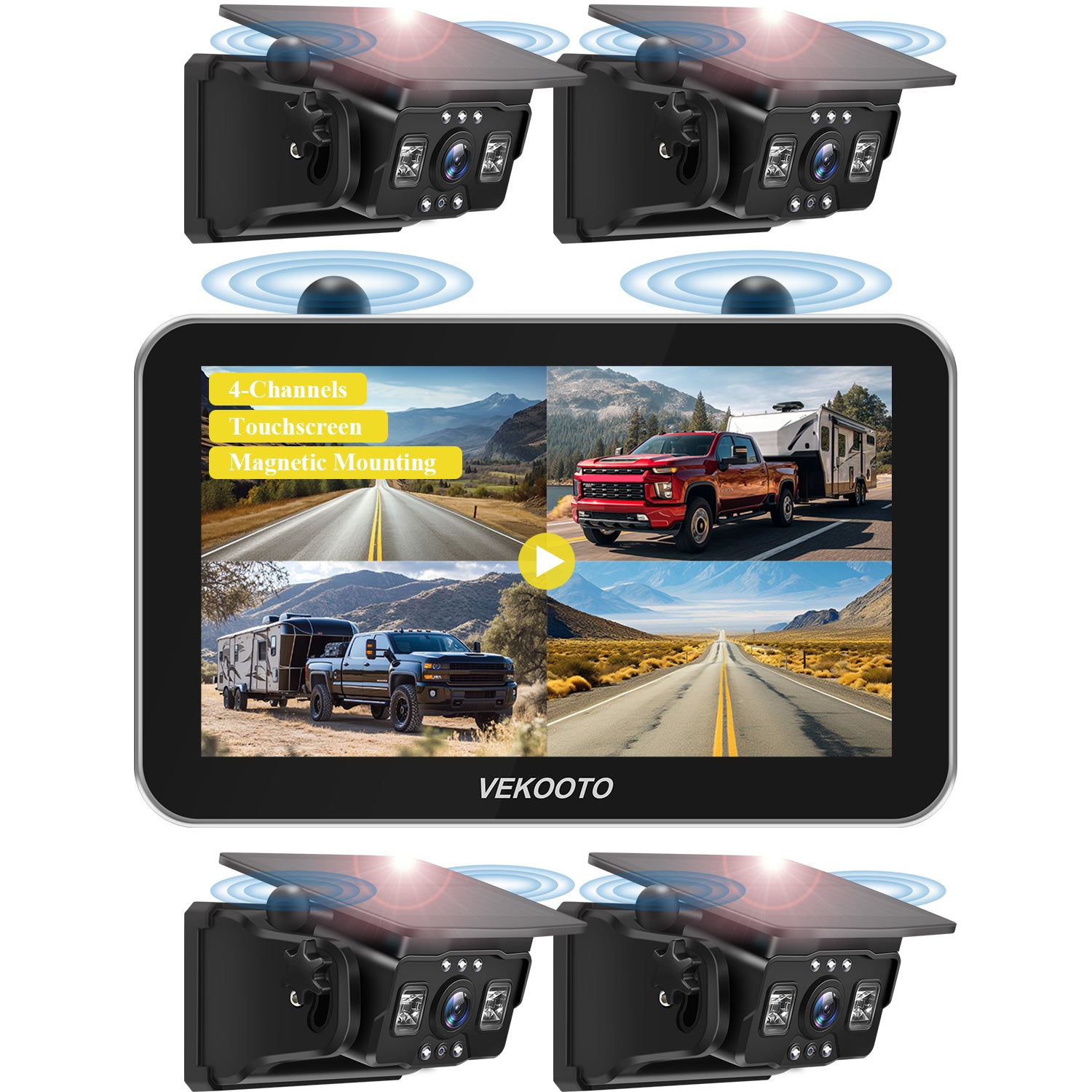 VEKOOTO VK7Pro Magnetic Solar Wireless Backup Camera 7'' IPS Touchscreen HD1080P No Wiring Rechargeable for RV Trailer Camper Car Blind Spot Truck Automotive Backup Camera Easy Install No Tools Needed