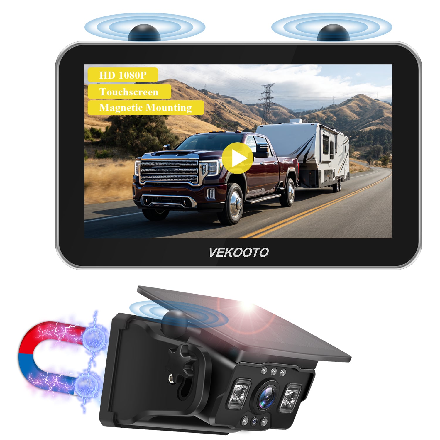 VEKOOTO VK7Pro Magnetic Solar Wireless Backup Camera 7'' IPS Touchscreen HD1080P No Wiring Rechargeable for RV Trailer Camper Car Blind Spot Truck Automotive Backup Camera Easy Install No Tools Needed