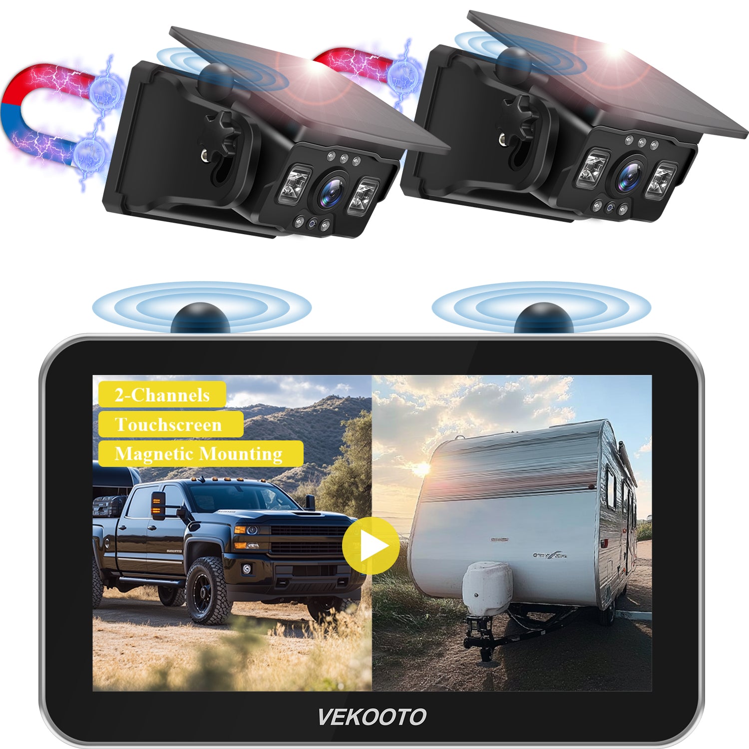 VEKOOTO VK7Pro Magnetic Solar Wireless Backup Camera 7'' IPS Touchscreen HD1080P No Wiring Rechargeable for RV Trailer Camper Car Blind Spot Truck Automotive Backup Camera Easy Install No Tools Needed