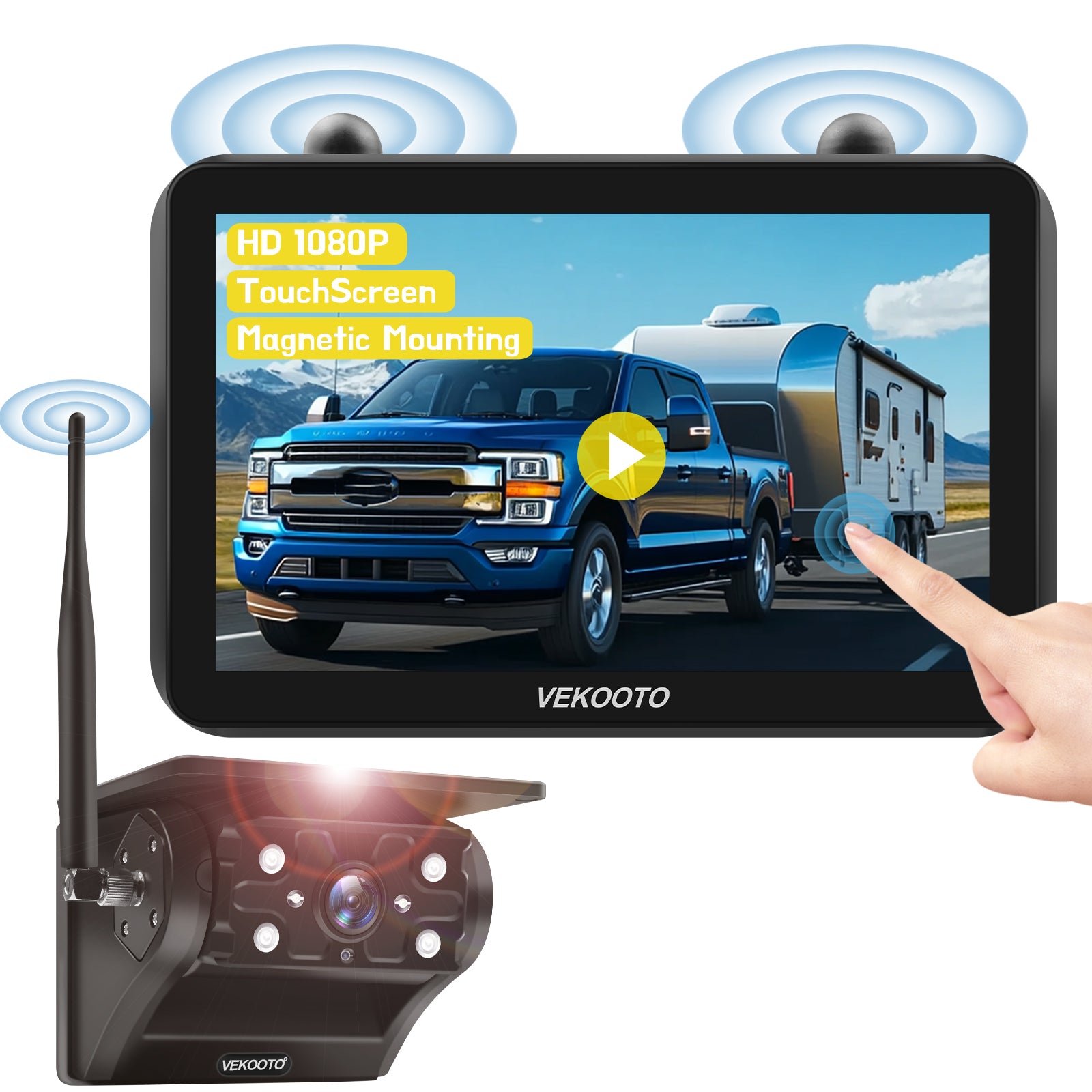 VEKOOTO VK7 Magnetic Solar Wireless Backup Camera 7'' IPS Touchscreen Monitor HD1080P No Wiring Rechargeable Camera for RV Trailer Camper Car Blind Spot Truck Automotive Backup Camera for Truck IP69 Waterproof IR Night Vision
