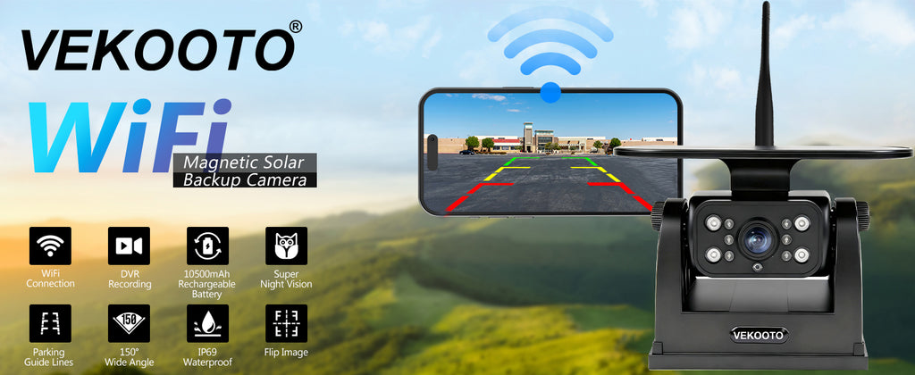 VEKOOTO MZ6 WiFi Magnetic Solar Backup Camera 10500mAh Rechargeable Battery Wireless for Truck RV Trailer Car Easy Hitching Gooseneck Horse Boat Travel Trailer Fifth Wheels RV Camper Reverse for iPhone iPad Android Metal Digital Mount Safety Waterproof