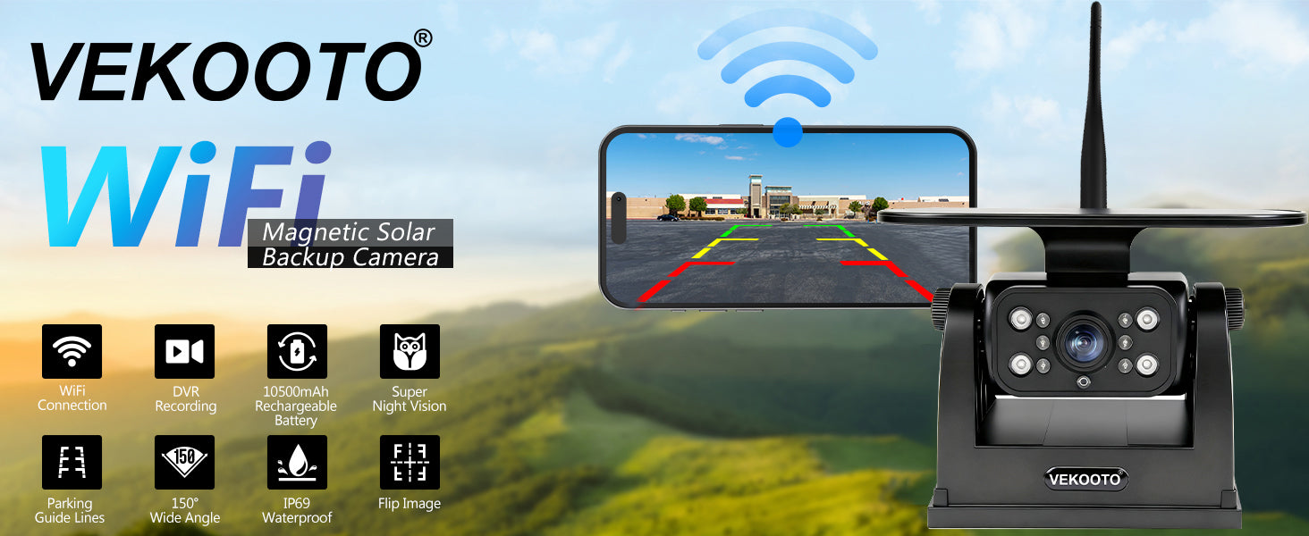 VEKOOTO MZ6 WiFi Magnetic Solar Backup Camera 10500mAh Rechargeable Battery Wireless for Truck RV Trailer Car Easy Hitching Gooseneck Horse Boat Travel Trailer Fifth Wheels RV Camper Reverse for iPhone iPad Android Metal Digital Mount Safety Waterproof