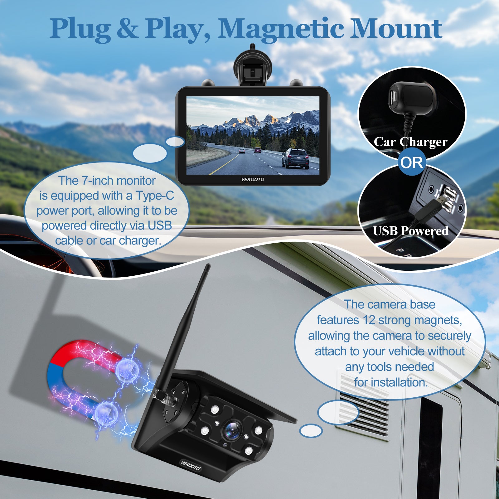 VEKOOTO VK7 Magnetic Solar Wireless Backup Camera 7'' IPS Touchscreen Monitor HD1080P No Wiring Rechargeable Camera for RV Trailer Camper Car Blind Spot Truck Automotive Backup Camera for Truck IP69 Waterproof IR Night Vision