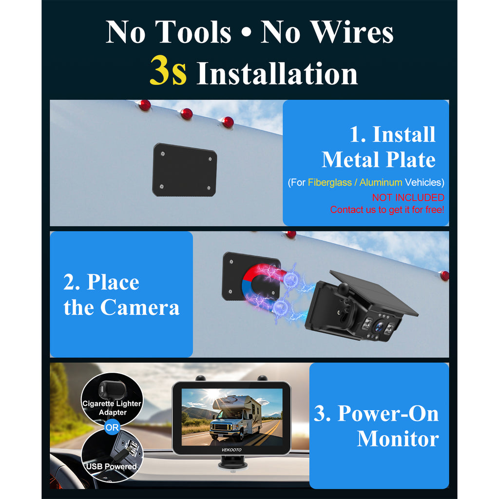 VEKOOTO VK7Pro Magnetic Solar Wireless Backup Camera 7'' IPS Touchscreen HD1080P No Wiring Rechargeable for RV Trailer Camper Car Blind Spot Truck Automotive Backup Camera Easy Install No Tools Needed
