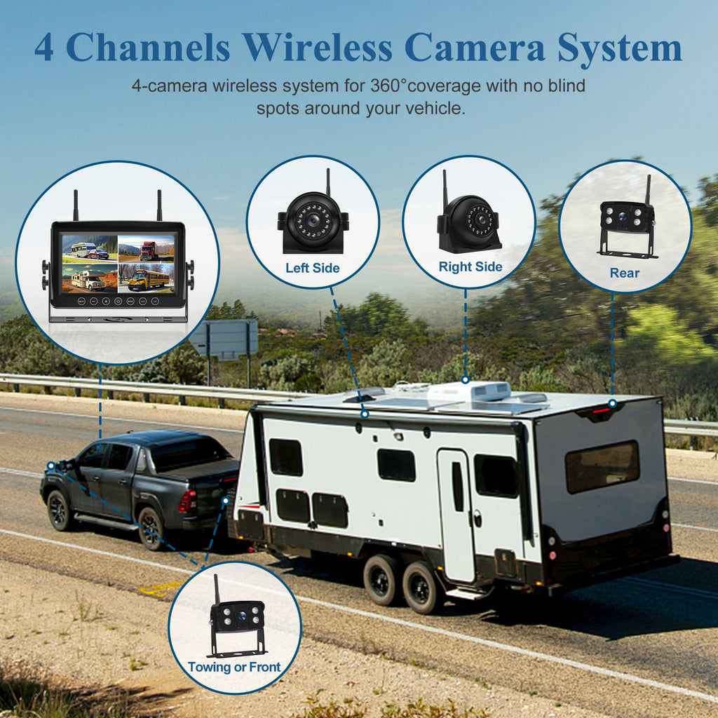 4K Wireless Backup Camera System: 9'' HD Quad Split Monitor, 1080P Side Rear View Camera, Recording, Waterproof, Digital Signal, RV Camera System for RV/Truck/Trailer/Camper VEKOOTO WX9