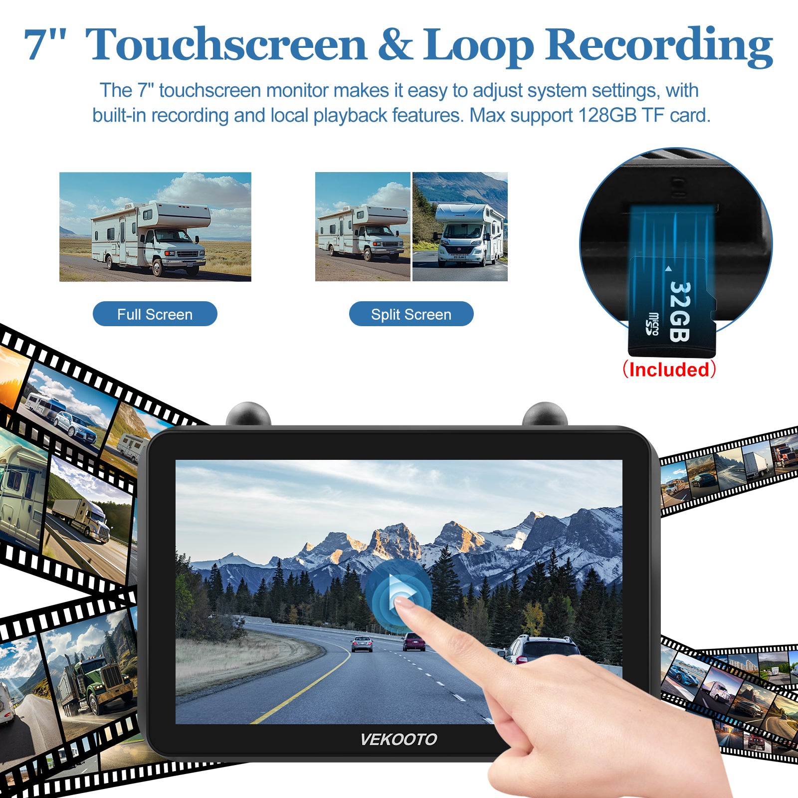 VEKOOTO VK7 Magnetic Solar Wireless Backup Camera 7'' IPS Touchscreen Monitor HD1080P No Wiring Rechargeable Camera for RV Trailer Camper Car Blind Spot Truck Automotive Backup Camera for Truck IP69 Waterproof IR Night Vision