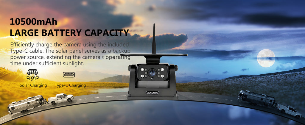 VEKOOTO MZ6 WiFi Magnetic Solar Backup Camera 10500mAh Rechargeable Battery Wireless for Truck RV Trailer Car Easy Hitching Gooseneck Horse Boat Travel Trailer Fifth Wheels RV Camper Reverse for iPhone iPad Android Metal Digital Mount Safety Waterproof
