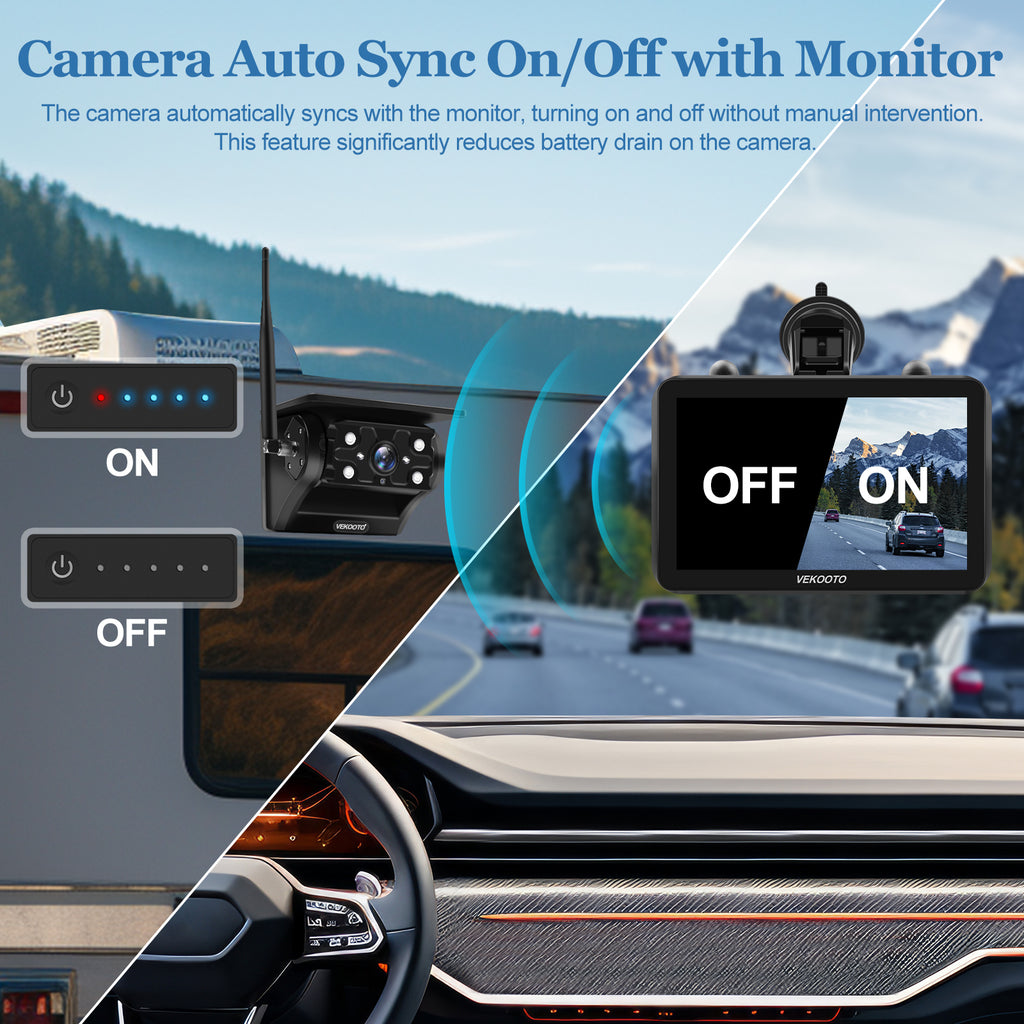 VEKOOTO VK7 Magnetic Solar Wireless Backup Camera 7'' IPS Touchscreen Monitor HD1080P No Wiring Rechargeable Camera for RV Trailer Camper Car Blind Spot Truck Automotive Backup Camera for Truck IP69 Waterproof IR Night Vision