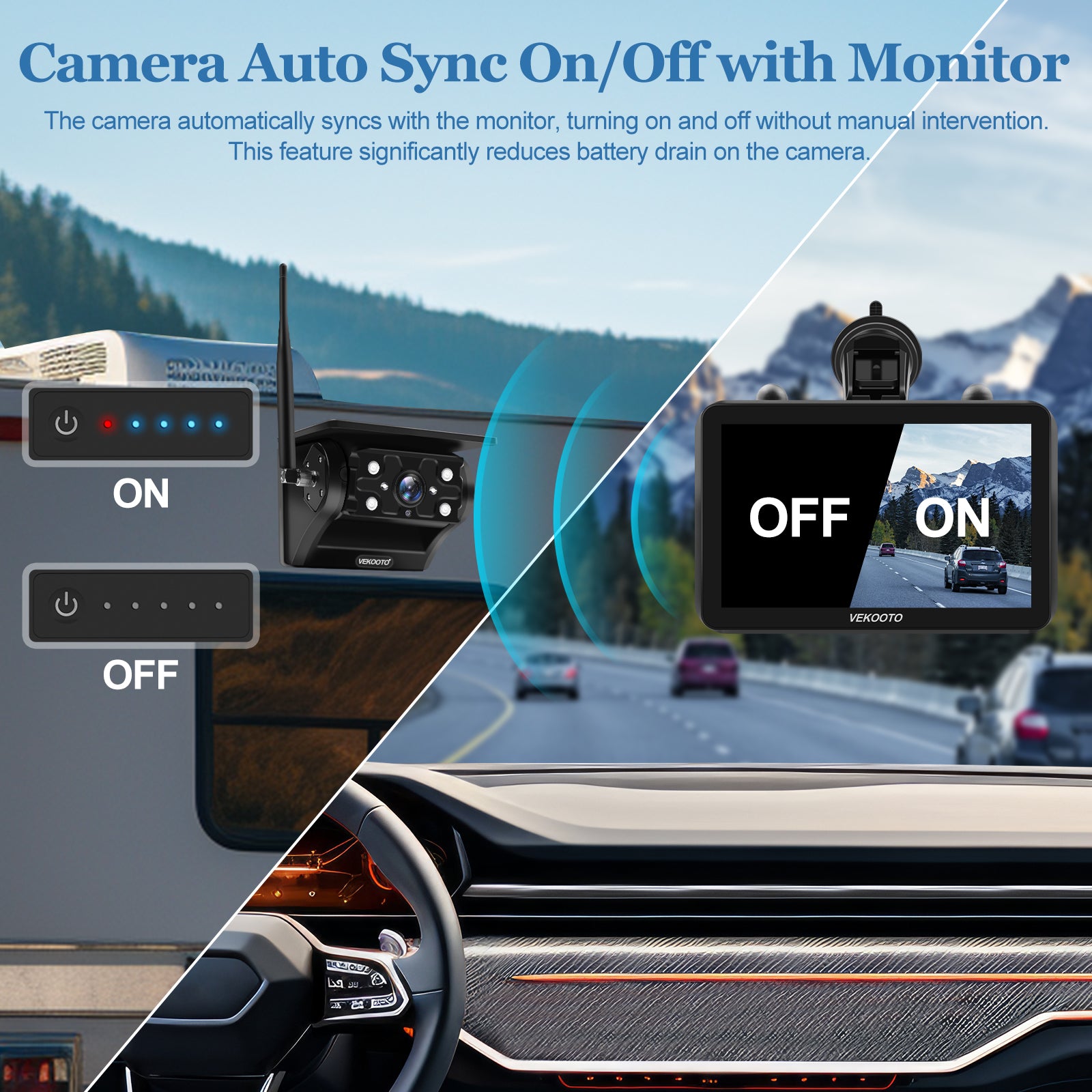 VEKOOTO VK7 Magnetic Solar Wireless Backup Camera 7'' IPS Touchscreen Monitor HD1080P No Wiring Rechargeable Camera for RV Trailer Camper Car Blind Spot Truck Automotive Backup Camera for Truck IP69 Waterproof IR Night Vision