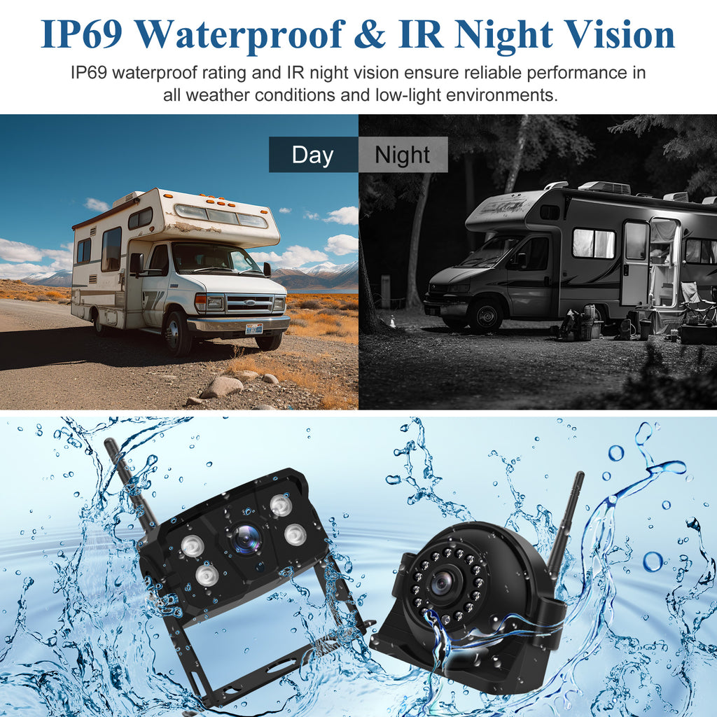 4K Wireless Backup Camera System: 9'' HD Quad Split Monitor, 1080P Side Rear View Camera, Recording, Waterproof, Digital Signal, RV Camera System for RV/Truck/Trailer/Camper VEKOOTO WX9