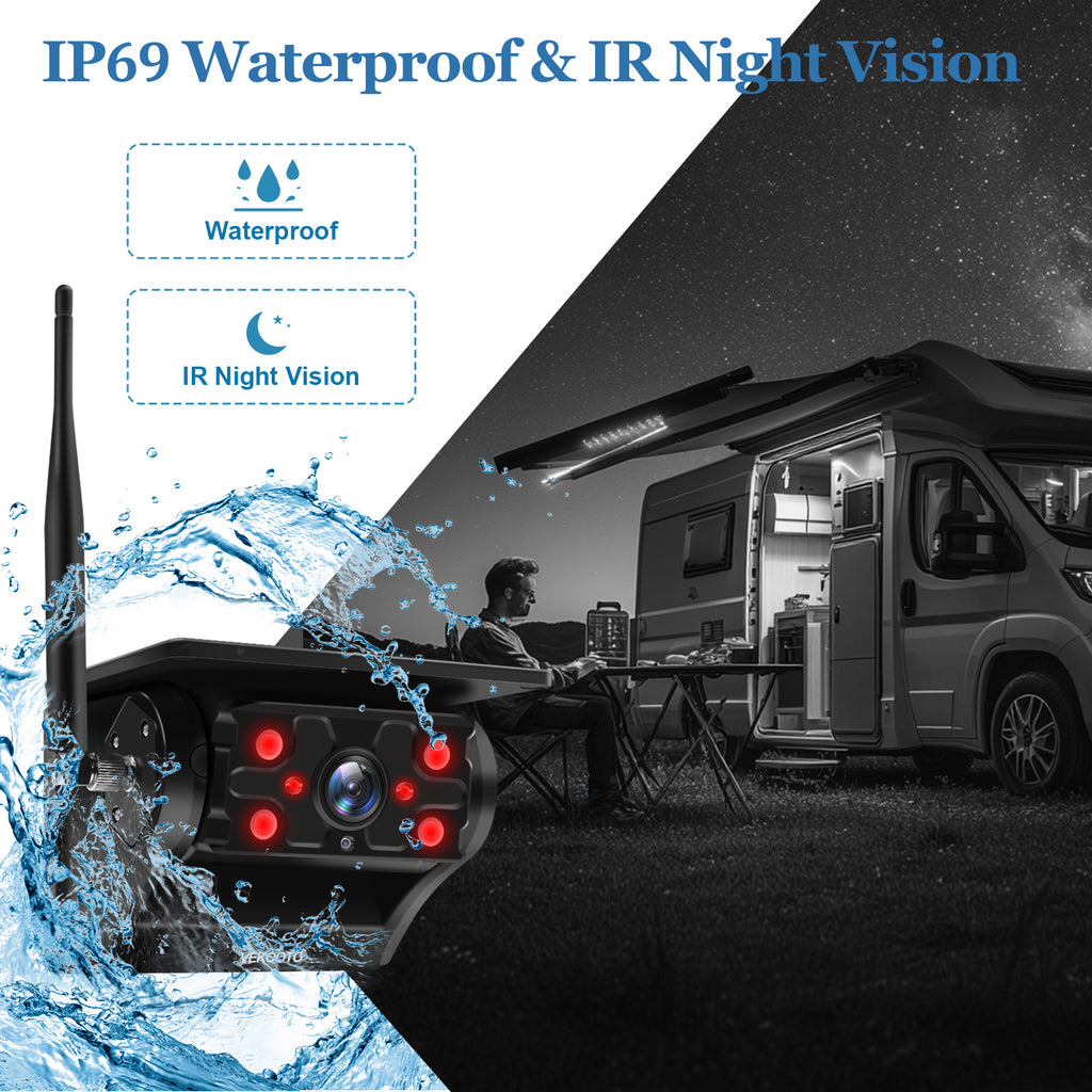 VEKOOTO VK7 Magnetic Solar Wireless Backup Camera 7'' IPS Touchscreen Monitor HD1080P No Wiring Rechargeable Camera for RV Trailer Camper Car Blind Spot Truck Automotive Backup Camera for Truck IP69 Waterproof IR Night Vision