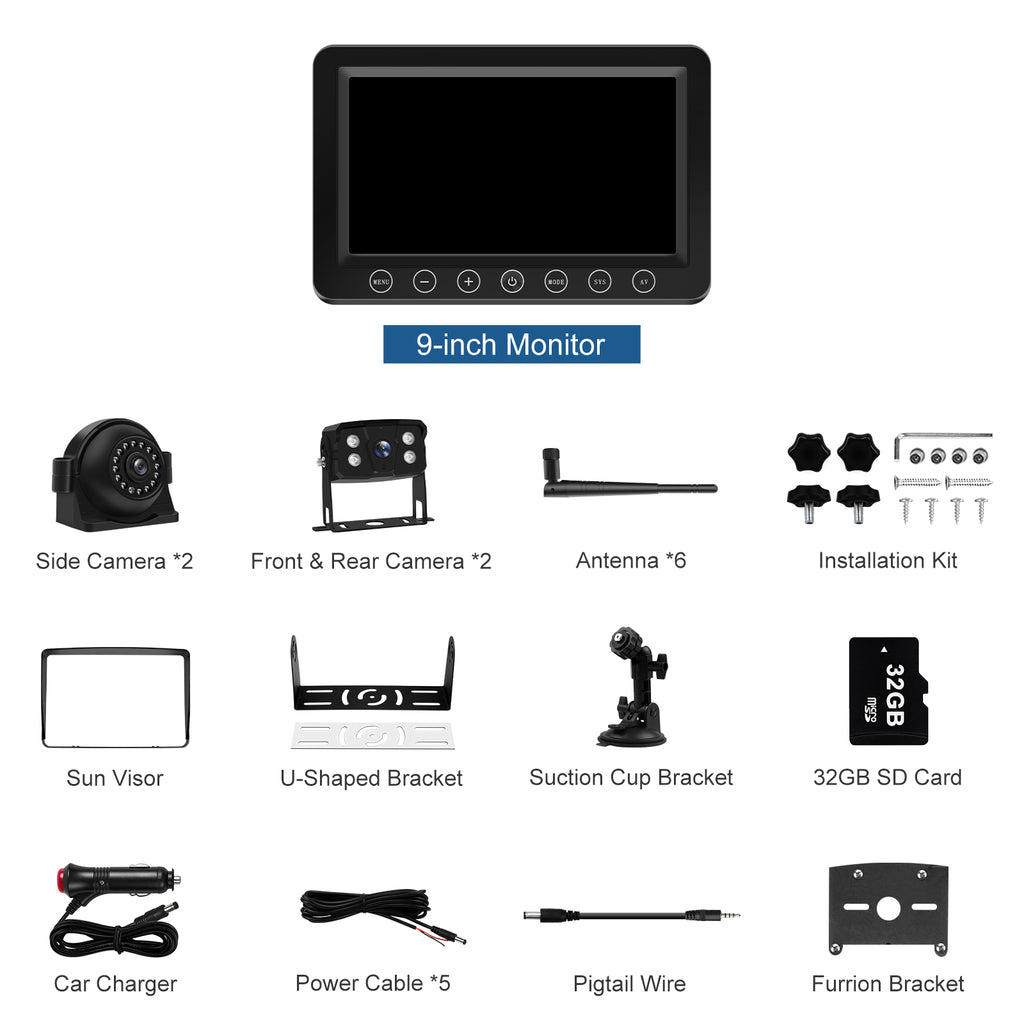 4K Wireless Backup Camera System: 9'' HD Quad Split Monitor, 1080P Side Rear View Camera, Recording, Waterproof, Digital Signal, RV Camera System for RV/Truck/Trailer/Camper VEKOOTO WX9